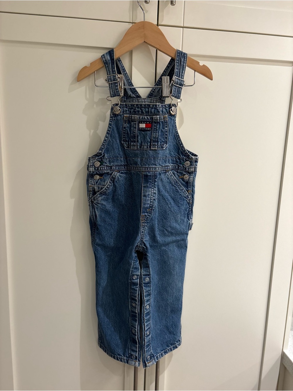 Vintage Tommy Hilfiger Denim Overalls Spelled Out Box Flag 90s Kids 18-24 Months